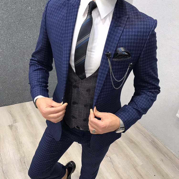 Navy Blue Plaid Groom Wedding Tuxedos Slim Fit 3 Pieces Notched Lapel Mens Pants Suits High Quality Designer Jackets