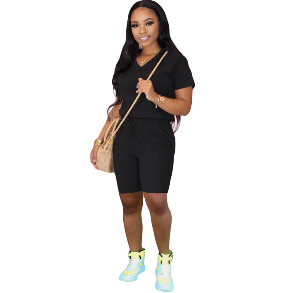 Spot Tracksuits European and American spring summer fashion female solid color Slim + pocket sports two-piece explosion