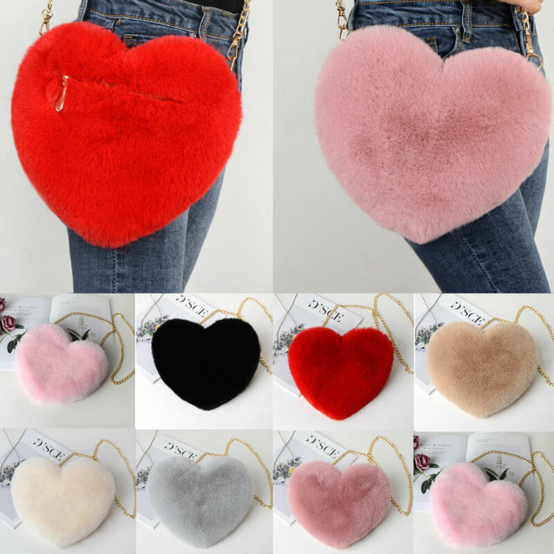 

New Fashion Women Heart-shaped Chain Party Messenger Bag Plush Love Shoulder Hairy Bag Valentine Day Gift