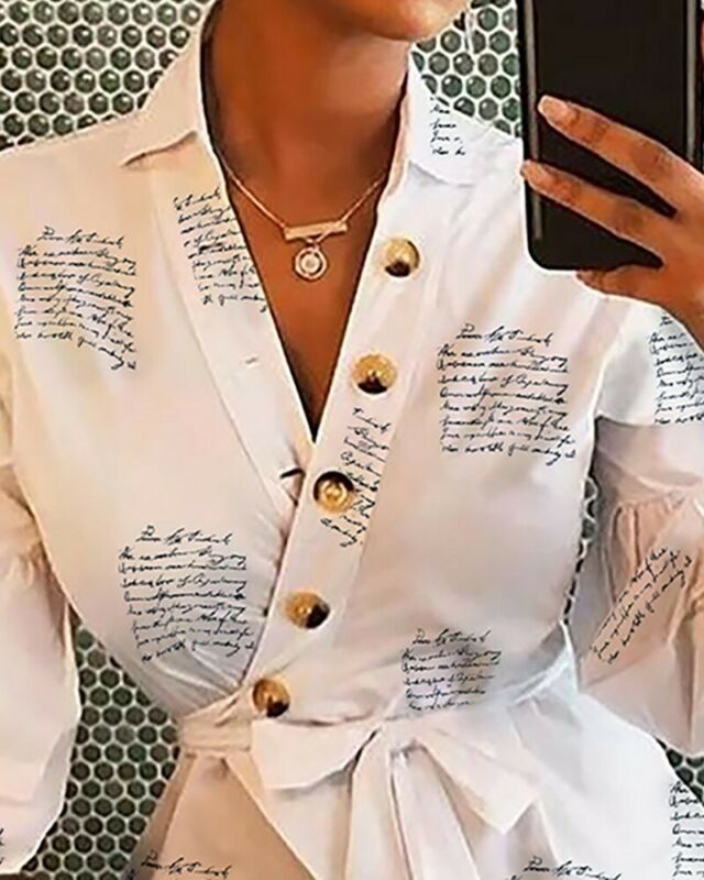 Newly Womens Button V Neck Letter Print Shirt Lace up Ladies Single Breasted Autumn Lantern Sleeve Loose Tops Blouse