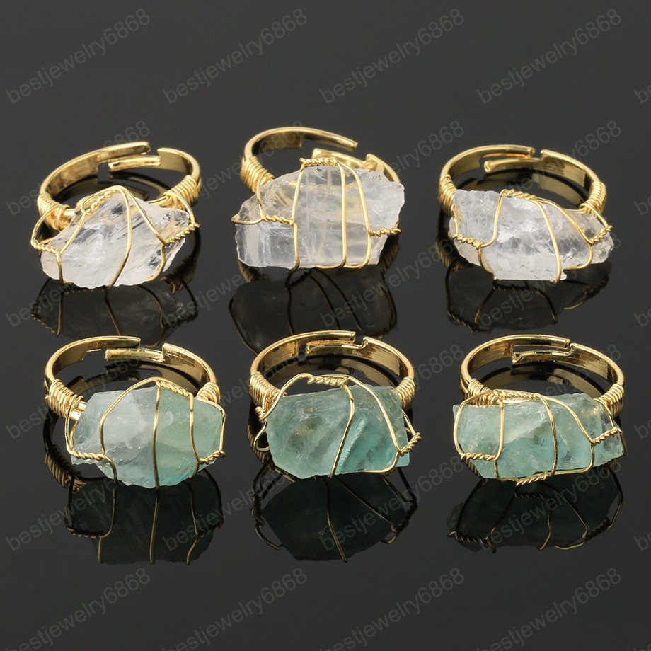 Natural Stone Irregular Wire Wrap Women Rings Healing Purple Crystal Fluorite Gold-color Resizable Fashion Finger Ring