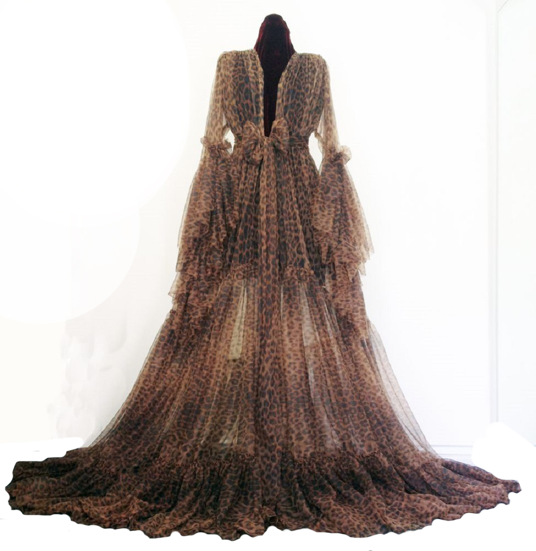 cheap leopard print wedding high vneck long sleeves chiffon bathrobes night gowns for women ruched custom made sweep train sleepwear cheap