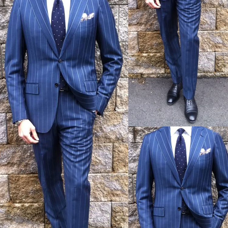 Fashion Stripe Groom Wear Two Pieces Peaked Lapel Men Wedding Tuxedos Navy Blue Two Button Formal Blazer Suits