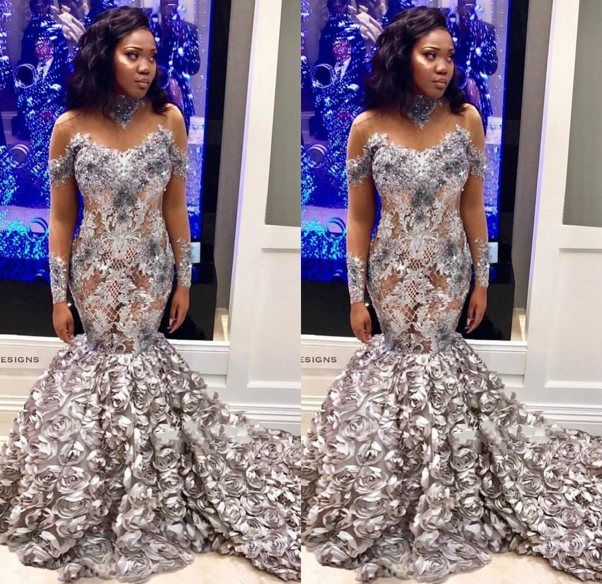 Silver Mermaid Evening Dresses High Neck Lace Appliqued Beads Long Sleeve Prom Dress Black Girl Formal Party Gowns Plus Size