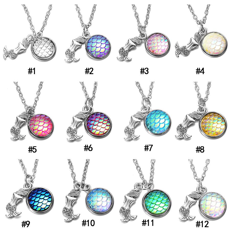 Mermaid Pendant Necklaces Round Resin Bling Fish scales charm Link chains For women Fashion Jewelry Gift Bulk