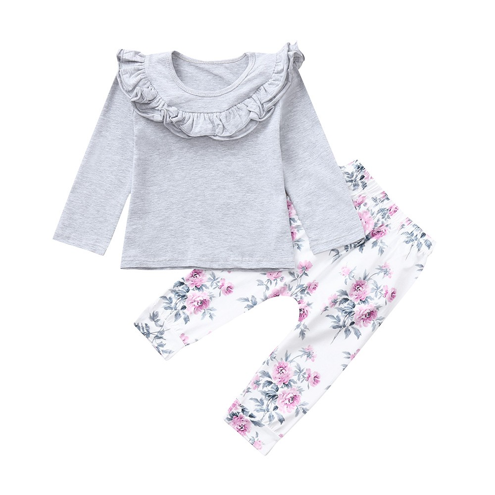 Newborn baby clothing set Toddler Girls Ruffles Solid Tops+Floral Lace Pants Set Clothes baby girl outfit roupa menina