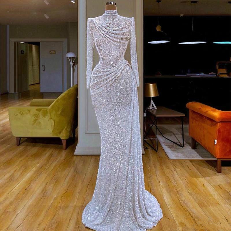 White Glitter Mermaid Evening Dresses High Collar Sequins Beaded Long Sleeve Sweep Train Formal Party Gowns Ruched Long Prom Dress, Gold
White Glitter Mermaid Evening Dresses High Collar Sequins Beaded Long Sleeve Sweep Train Formal Party Gowns Ruched Long Prom Dress, Gold
