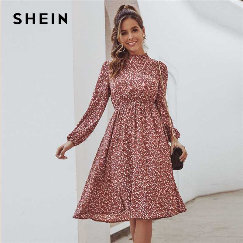 

SHEIN Red Ditsy Floral Print Stand Collar Casual Dress Women 2020 Spring High Waist Bishop Sleeve A Line Frill Midi Dresses