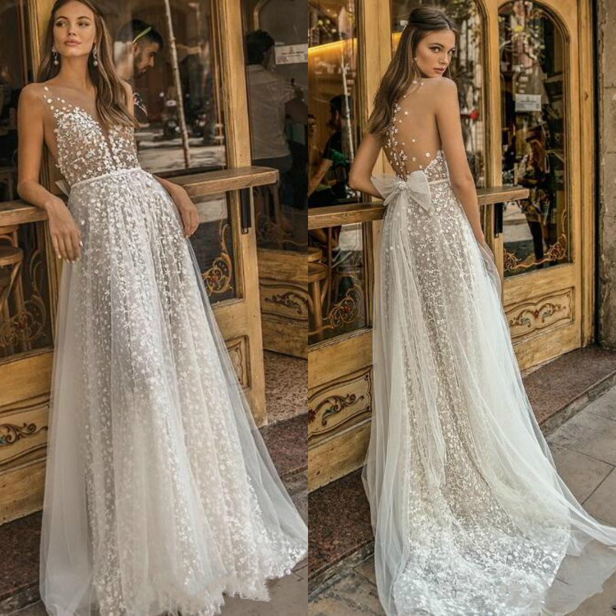 sparkly berta beach wedding dresses sheer v neck beads sequined lace tulle boho bridal gowns a line sexy illusion wedding dress