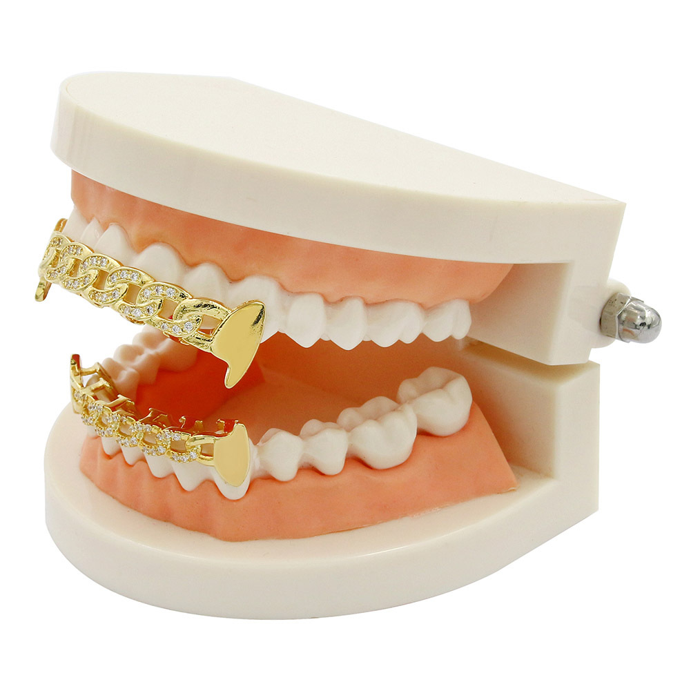 18K Real Gold Diamond Hollow Teeth Grillz Dental Mouth Iced Out Fang Grills Braces Tooth Cap Vampire Full Diamond Punk Hip Hop Rapper Jewelry for Men 