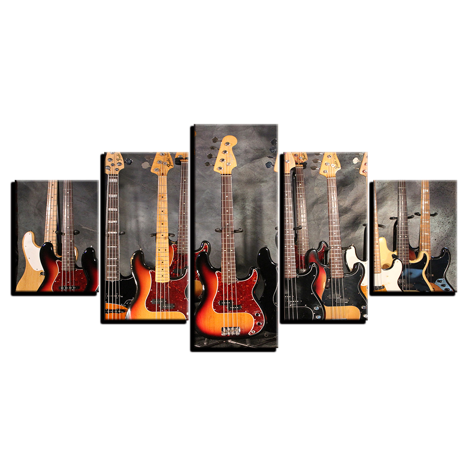 Canvas Paintings Modular Wall Art Prints 5 Pieces Bass Guitar Collage Pictures Music Poster For Living Room Home Decor No Frame