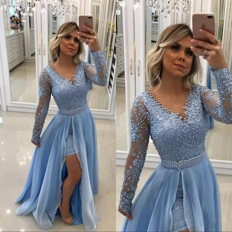 Vintage V Neck Pearls Lace Appliques Sky Blue Prom Dresses Long Sleeves With Detachable Skirt And Pearl Sash Evening Gowns, Black
Vintage V Neck Pearls Lace Appliques Sky Blue Prom Dresses Long Sleeves With Detachable Skirt And Pearl Sash Evening Gowns, Black