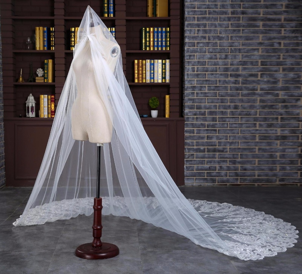 Romantic 1 Tier Wedding Veils 2020 Custom Made Champagne White Ivory Cathedral Length Lace Applique Bridal Veil Top Quality