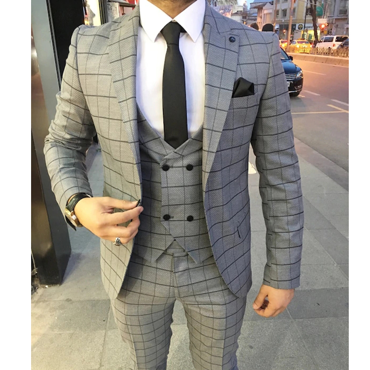 New Wedding Tuxedos Classic Gray Check Slim Fit Men's Suits Formal British Plaid Groom Tuxedos Custom Made Jacket Pants