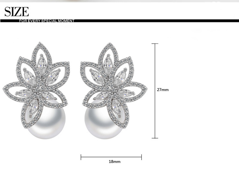 Pearl Flower Drop Earrings Bling White Zircon Fine Jewelry Wedding Dangle Earrings for Women Girl Gift