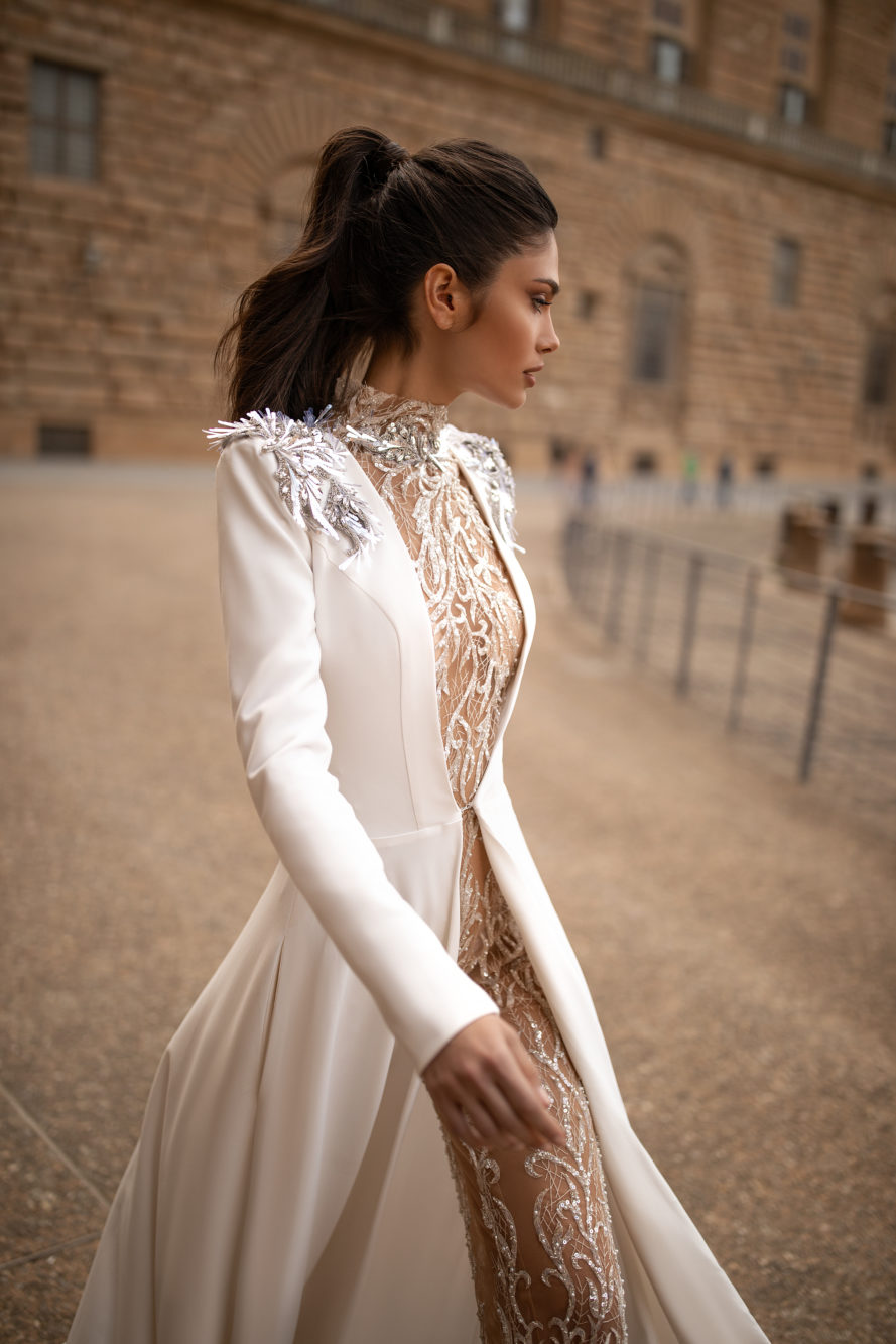 julie vino boho wedding jumpsuit with long jacket high collar lace beads beach wedding dress a line sweep train vestidos de novia