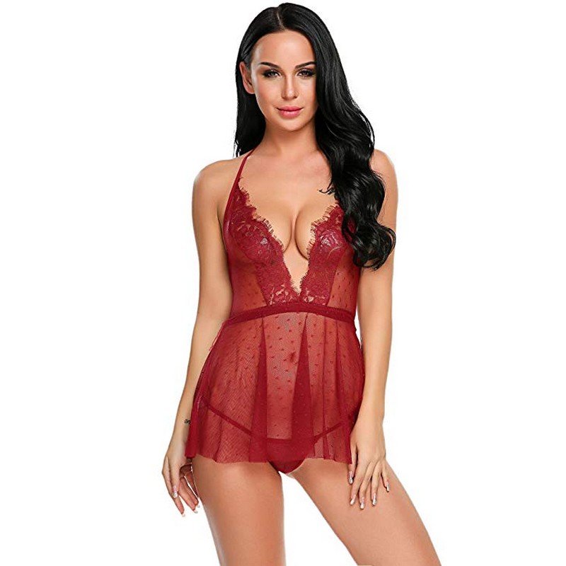 Women S-XXL Sexy Intimate Apparel Lingerie Dots Lacy Plunge V-neck Babydoll Chemise and Panty Set Sheer Lace Mesh Sleepwear Dress
