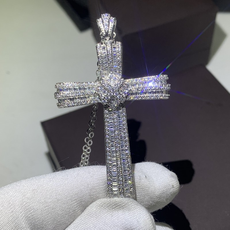 Choucong Handmade Jewelry Real Sterling Sier Pave White Sapphire CZ Dia Gemstones Cross Pendant Clavicle Chain Necklace