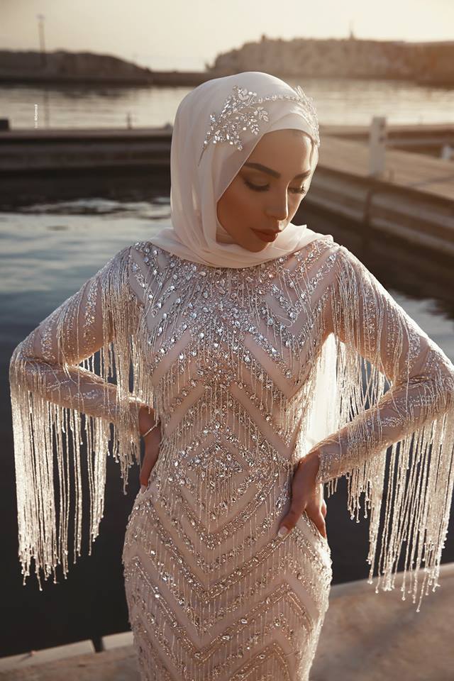 Luxury Muslim Mermaid Prom Dresses Long Sleeves Crystal Tassels Beading Sweep Train Formal Evening Gowns robes de soirée