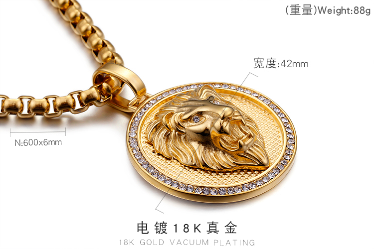 316L Stainless Steel Lion Head Round Pendants Necklace Men's Hip Hop Jewelry Cubic Zirconia 18K Gold Plated with 6mm Chain