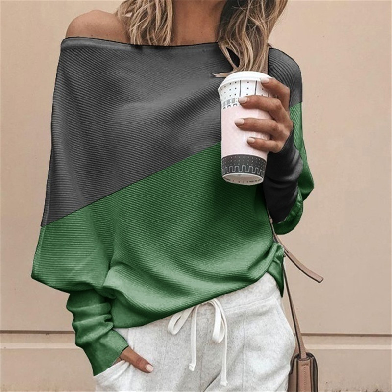 2021 autumn T-Shirt loose large size women's stitching contrast color long-sleeved female support mixed batch