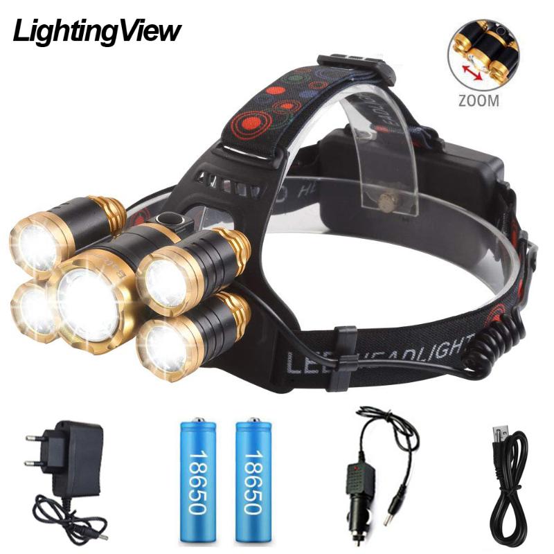 Super Bright LED Headlight 5 x T6 LED Lamp bead 15000 lumens Headlight Zoomable Headlamp Fishing Camp Lamp Powered by 18650