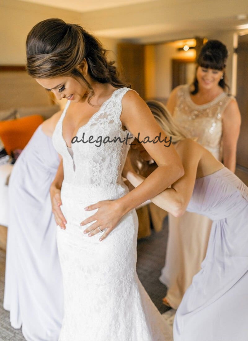 Full Lace Mermaid Wedding Dresses with Detachable Train 2019 V-neck Crystal Sash Outdoor Garden Bridal Gowns Wedding Dress Robe De Mariee
