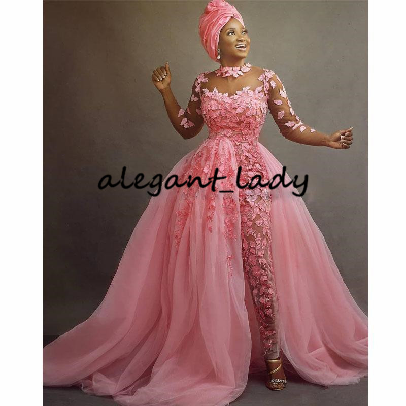 Hot Pink Nigerian African Wedding Jumpsuit With Detachable Train 2020 Plus Size Sheer Jewel Neck 3D Floral Lace Tulle Bride Dress Pant Suit