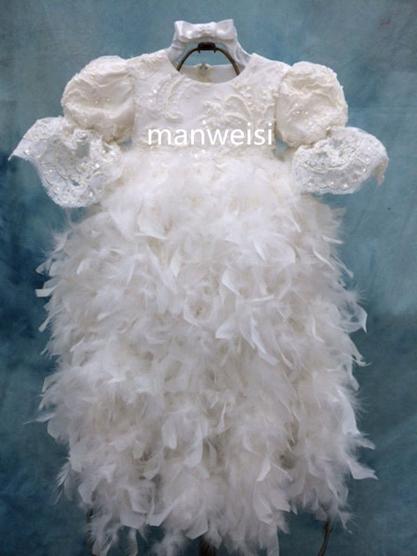 Luxury Christening Dresses Feather Sequins Infant Toddler Baptism Baby Long Gowns Flower Girls Kid First Communication Dress