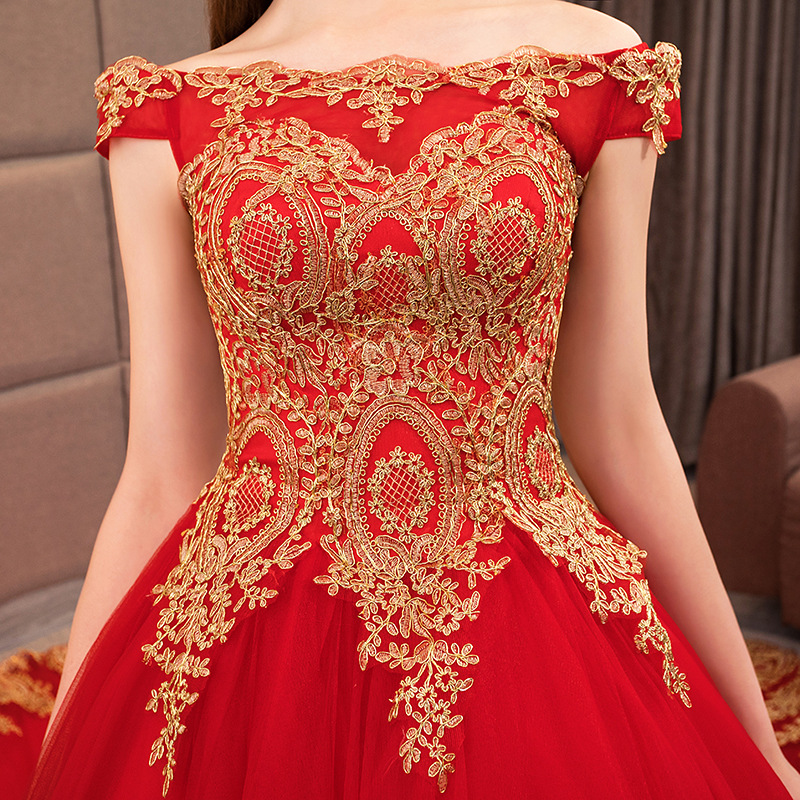 Vintage Red And Gold Lace A-line Wedding Dresses Off The Shoulder Lace-up Back Floor Length Long Train Princess Backless Bridal Gowns