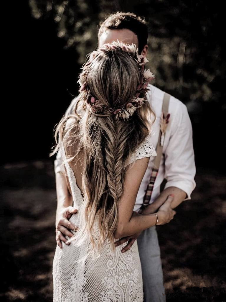 Vintage Mermaid Backless Bohemian Wedding Dresses V-neck Cap Sleeve Crochet Cotton Lace Countryside Woodland Bridal Gown