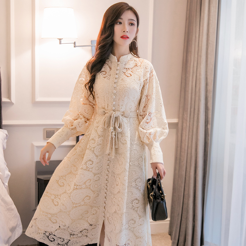 BLLOCUE High Quality 2020 Autumn Runway Long Dress Women Single-breasted Lantern Sleeves Hollow Embroidered Lace Sashes Dress MX200804