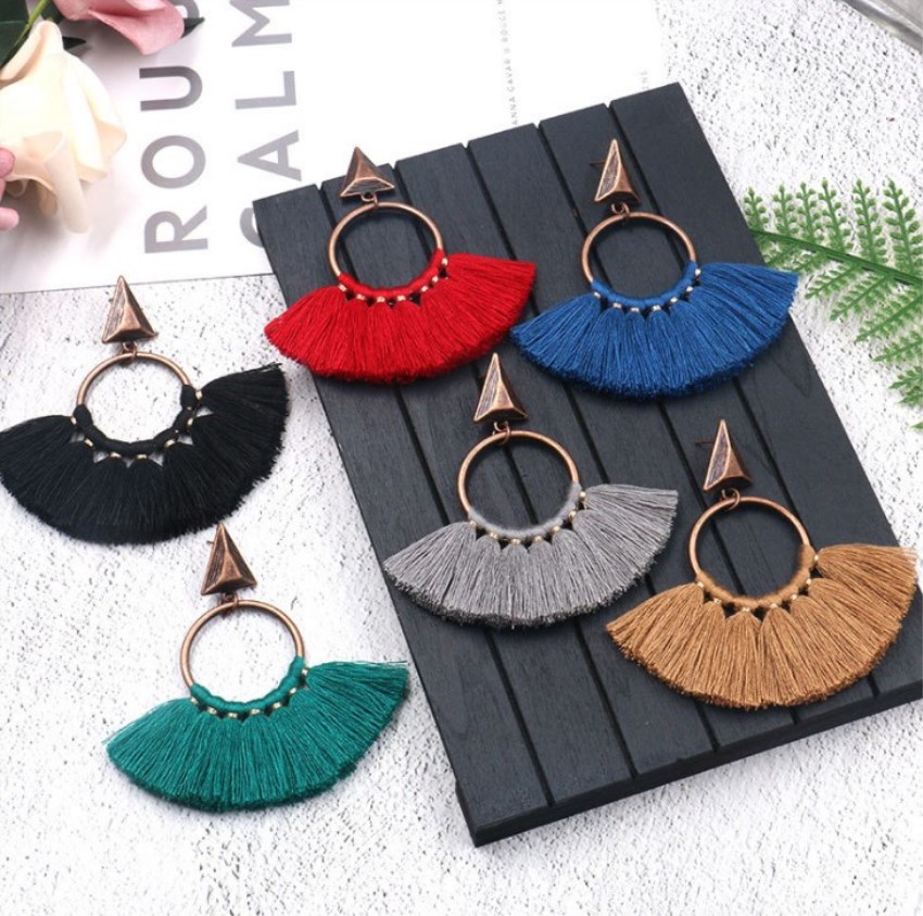 Fringed round earrings bohemian fan pendant earrings fashion creative earrings female handmade fan-shaped women's daily wear, party