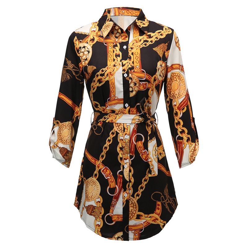Fashion Middle Sleeve Chain Print Women Blouse Dress And Tops Lapel Lace-Up Button Summer Shirt Casual Tops Short Dress