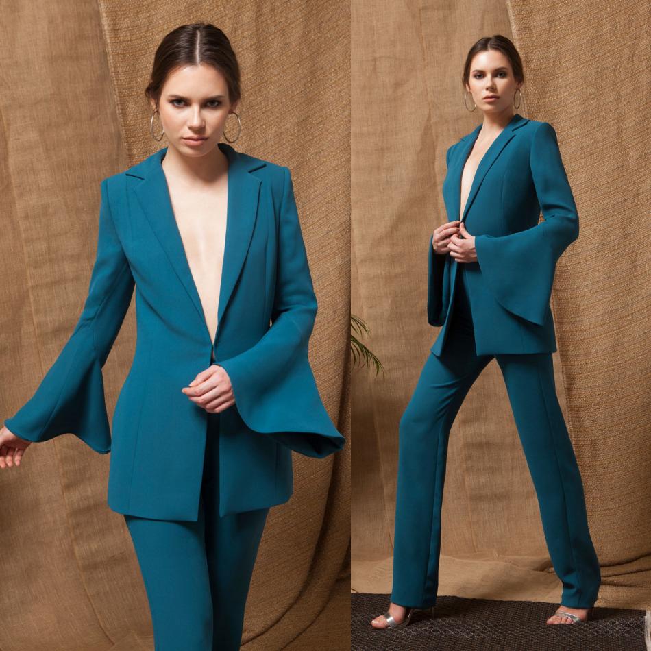 2019 Hunter Blue Prom Dresses Pants Suits Satin Trumpet Long Sleeve Evening Gowns Plus Size Abendkleider Jumpsuits robes de soirée
