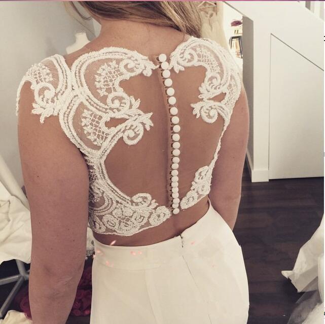 2020 Beach Bohemian Two Pieces Wedding Dresses Mermaid Lace Appliques Boho Long Front Split Bridal Gowns Buttons Back
