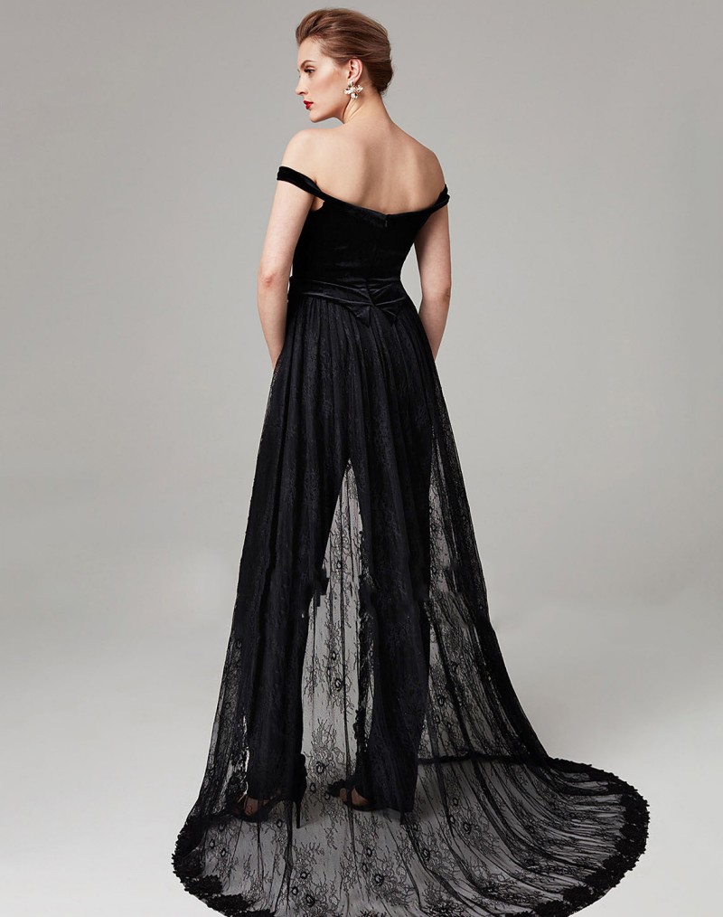 2020 Black Jumpsuits Evening Dresses Velvet Wih Detachable Tarin Lace Prom Dress Sweep Tarin Special Occasion Dresses