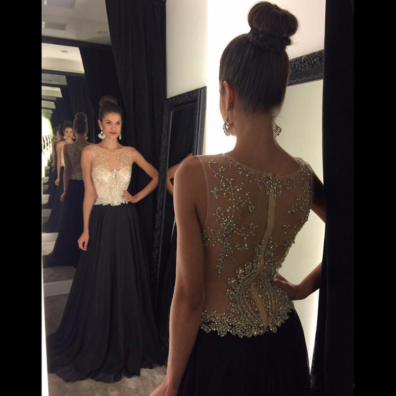 Fashion Beads Crystal Chiffon Black Evening Dresses Illusion Back Women Formal Wear Long Prom Dress