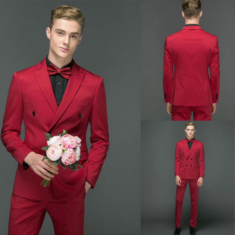 Bright Red Groom Wedding Wear Peaked Lapel Mens Pants Suits Double Breasted Best Men Banquet Jacket 2 Pieces