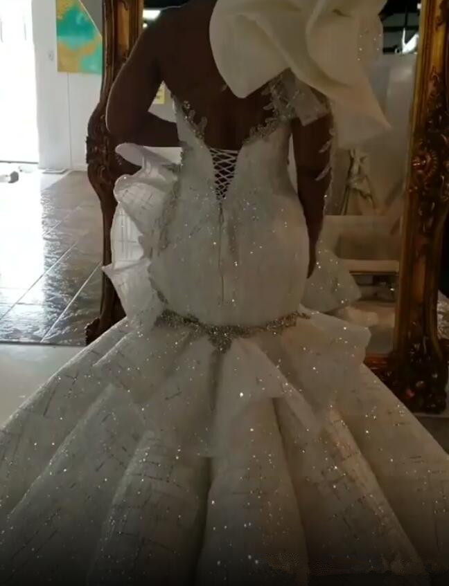 Lace Stylish Sparkly Beaded Crystals Mermaid Bridal Dresses One Shoulder Sexy Wedding Gowns Vestido De Novia
