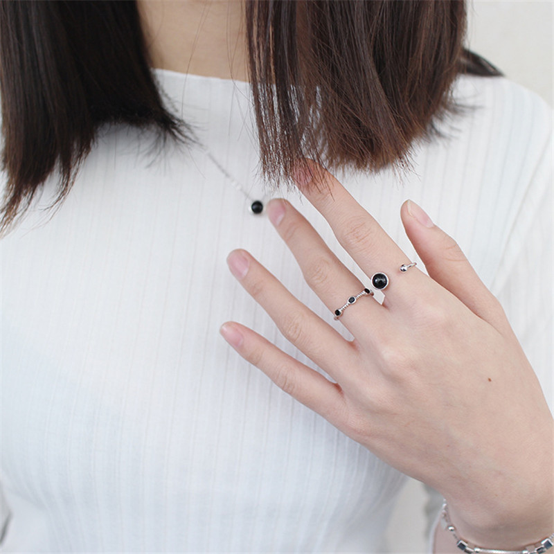 New Simple Style 925 Sterling Silver Round Beads Black Agate Moon Stone Open Size Rings For Women Statement Adjustable Ring