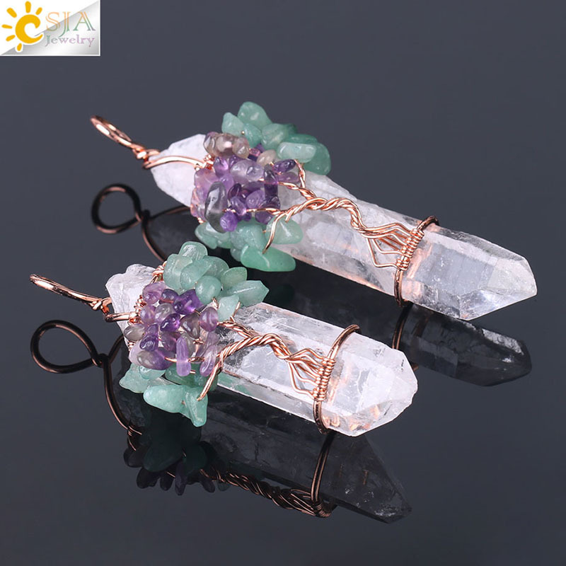 Natural White Crystal Big Pendant Reiki Chakra Tree of Life Rose Gold Color Handmade Wire Wrapped Pendant for Necklace