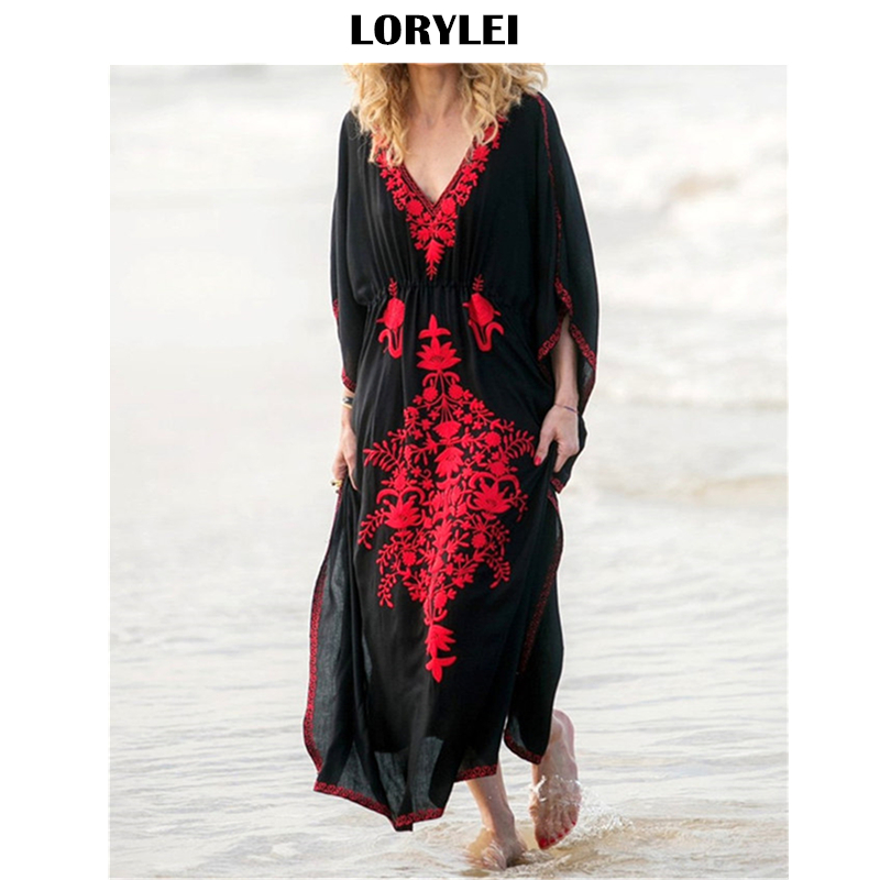 2020 Black Indie Folk Embroidered V-Neck Bats Sleeve Loose Summer Dress Beach Kaftan Women Plus Size Beachwear Cover Up N854
2020 Black Indie Folk Embroidered V-Neck Bats Sleeve Loose Summer Dress Beach Kaftan Women Plus Size Beachwear Cover Up N854