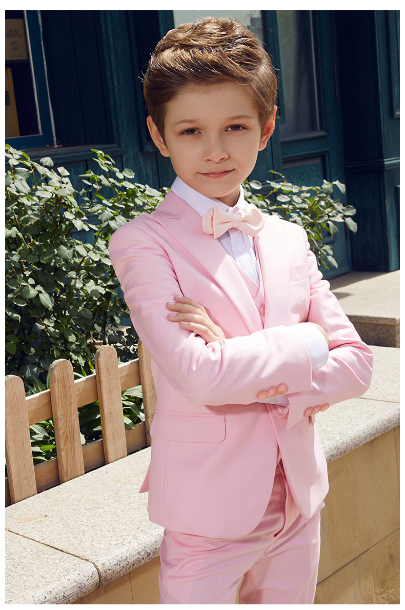 Fashion Pink Boys Formal OccasionTuxedos Peak Lapel One Button Kids Wedding Tuxedos Child Suit Holiday clothes(Jacket+Pants+Tie+Vest)158