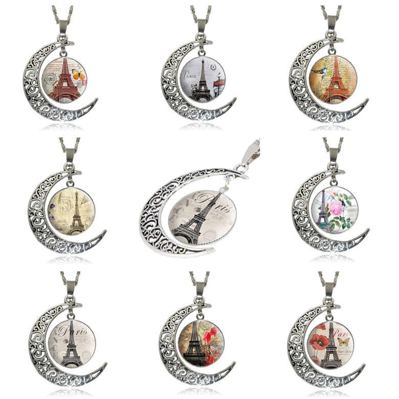 Openwork carved moon Eiffel Tower time gemstone necklace DJN173 mix order Pendant Necklaces jewelry