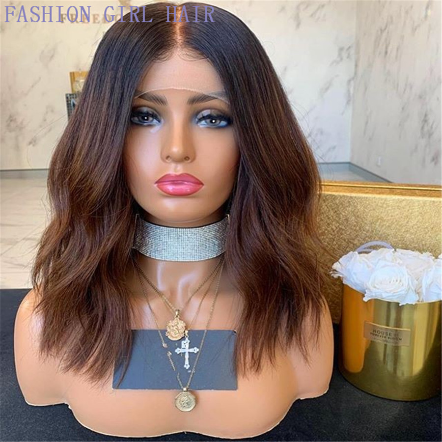 Ombre Brown Color Short Wavy Bob Wig Synthetic Lace Front simulation Human Hair Wigs With Baby Hair Plucked Brazilian Lace Wigs