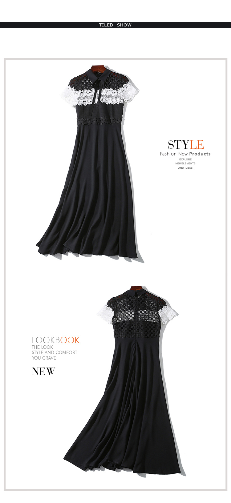 New design womens o-neck short sleeve black white color block lace floral patched chiffon high waist a-line maxi long dress SMLXLXXL