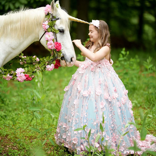 Lovely Flower Girl Dresses A Line 3D Floral Appliqued V Neck Ball Gowns Girls Pageant Dress Custom Luxury Birthday Party Gowns