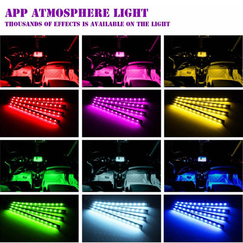 4Pcs/Set Car Styling 12V LED Strip Light Decorative Atmosphere Lamps Auto Interior Accessories With Remote