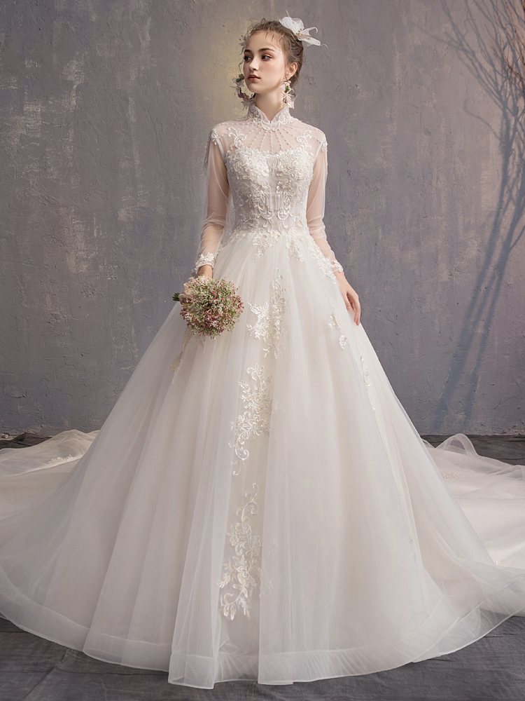 Modest YL Ball Gown High Neck Long Sleeve Hollow Wedding Dresses Lace Applique Pearls Wedding Gowns Sweep Train Bridal Gowns
